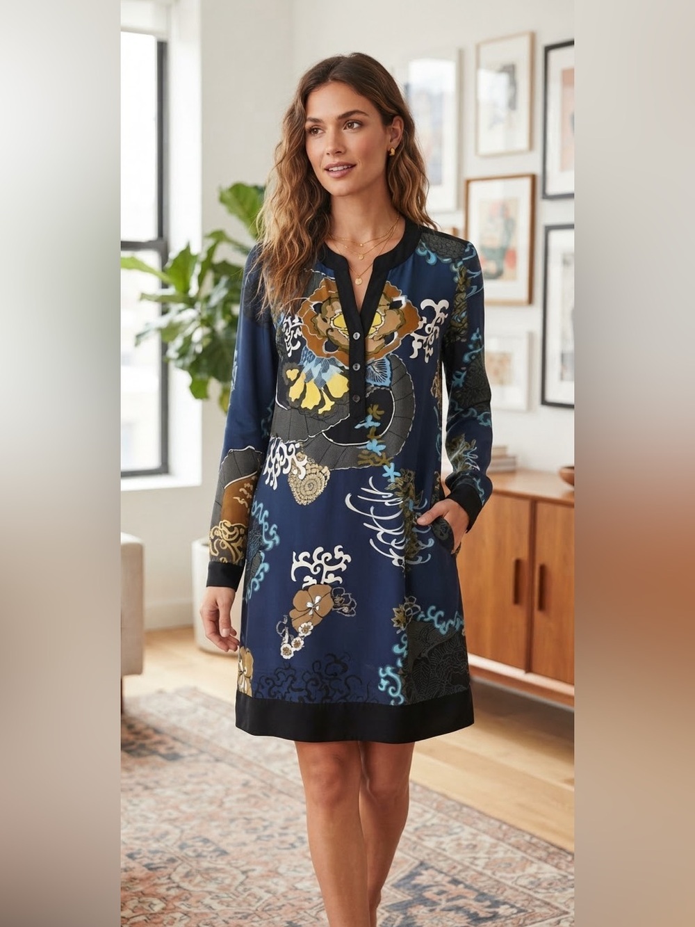 Hale Bob Sz XS Blue Black Geometric Floral Long Sleeve Mini Shirt Dress Boho